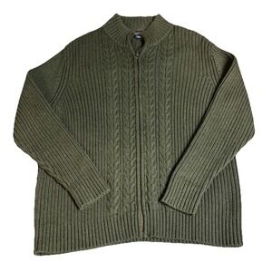 LANDS END  18/20 XL Green 100% Cotton Cable Knit Full Zip Cardigan‎ Sweater Cozy